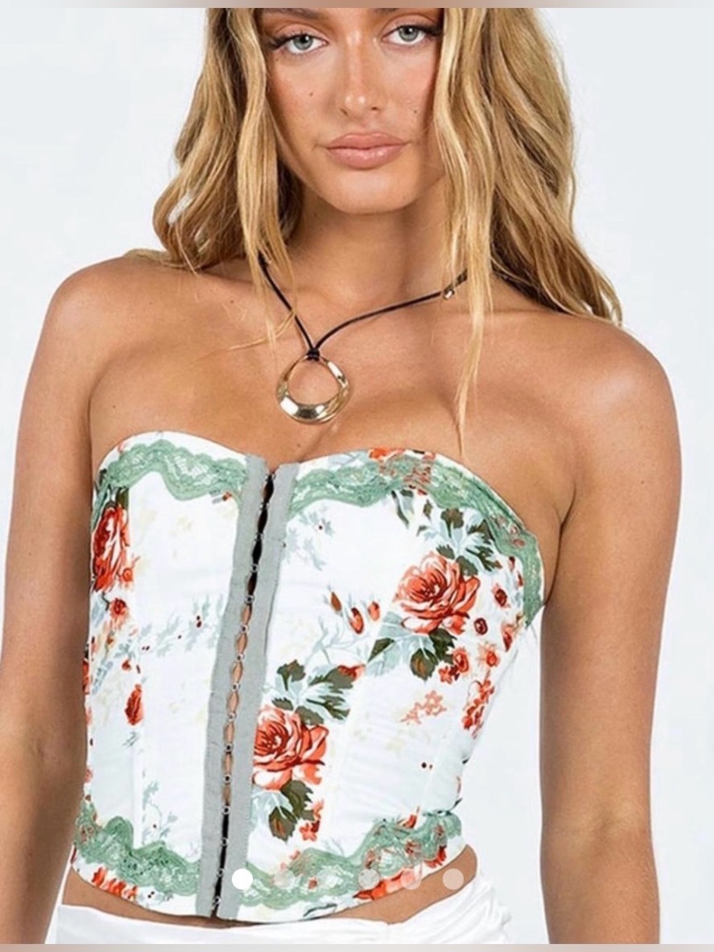 Princess Polly Floral Lace-Trim Corset in Sage and Rose